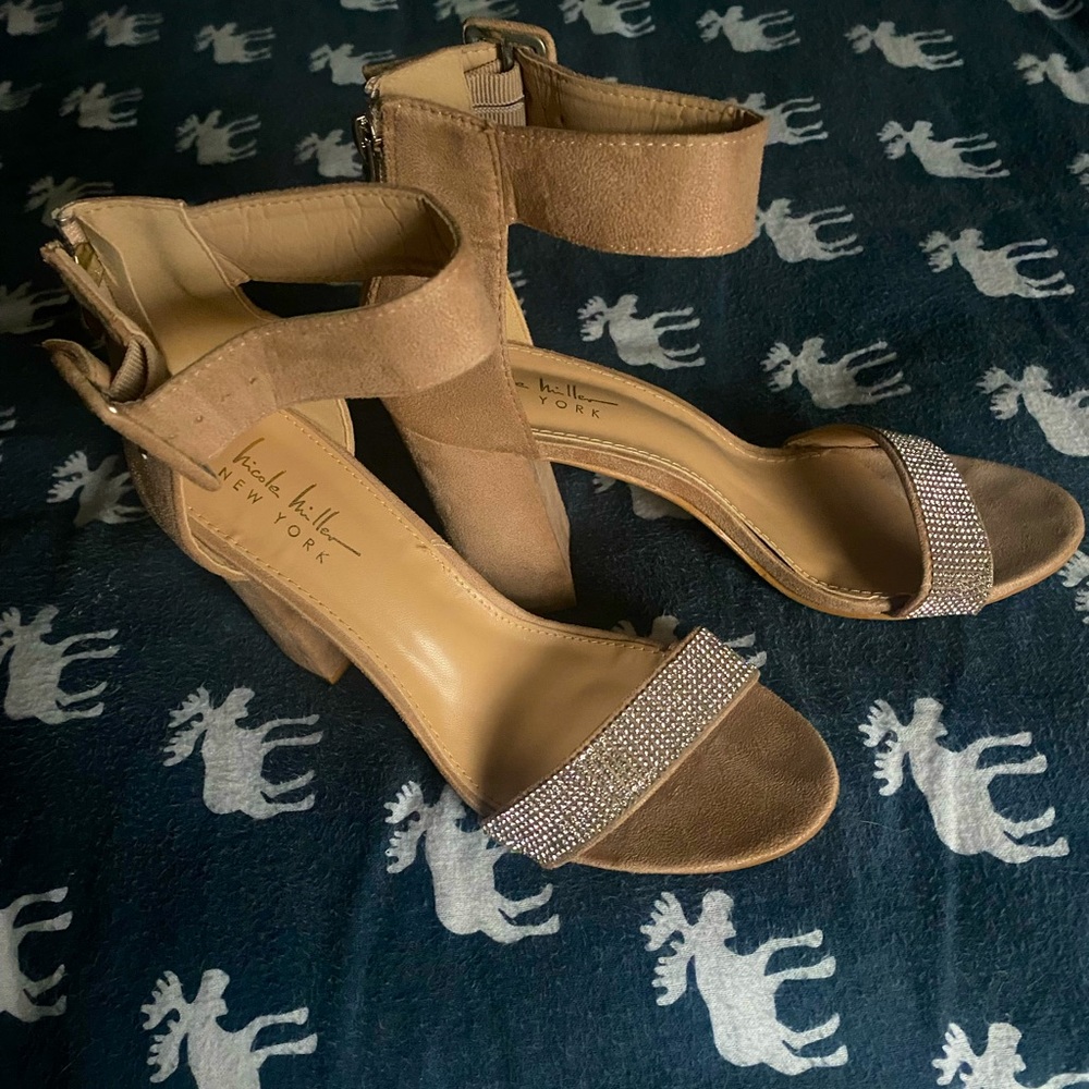 Nicole Miller Tan and Jeweled Block Heels